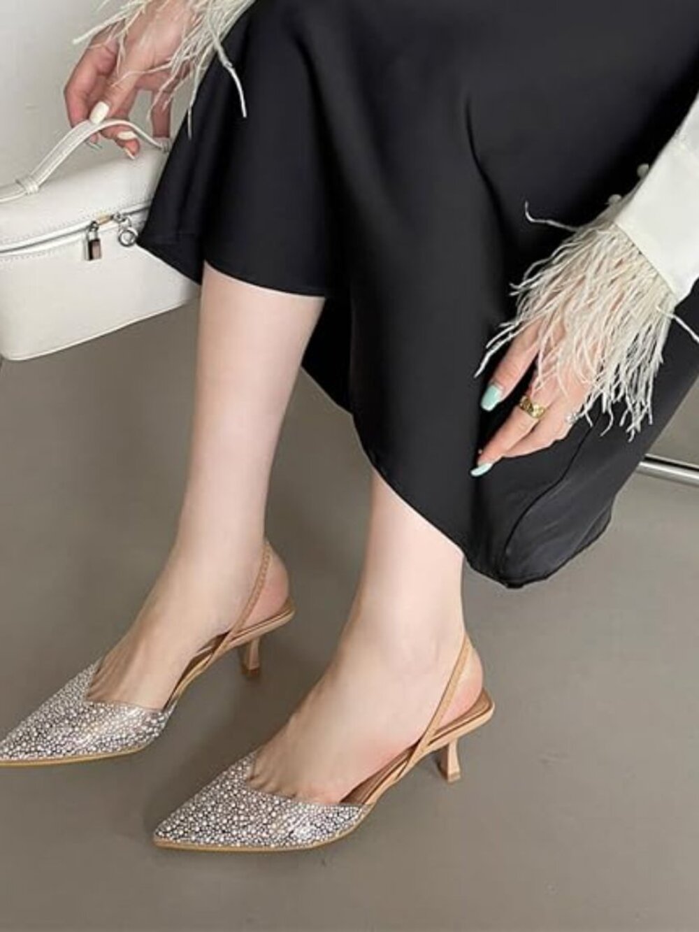 Fashion Rhinestone Clear Slingback Pumps Shoes for Women Pointed Toe PVC Kitten